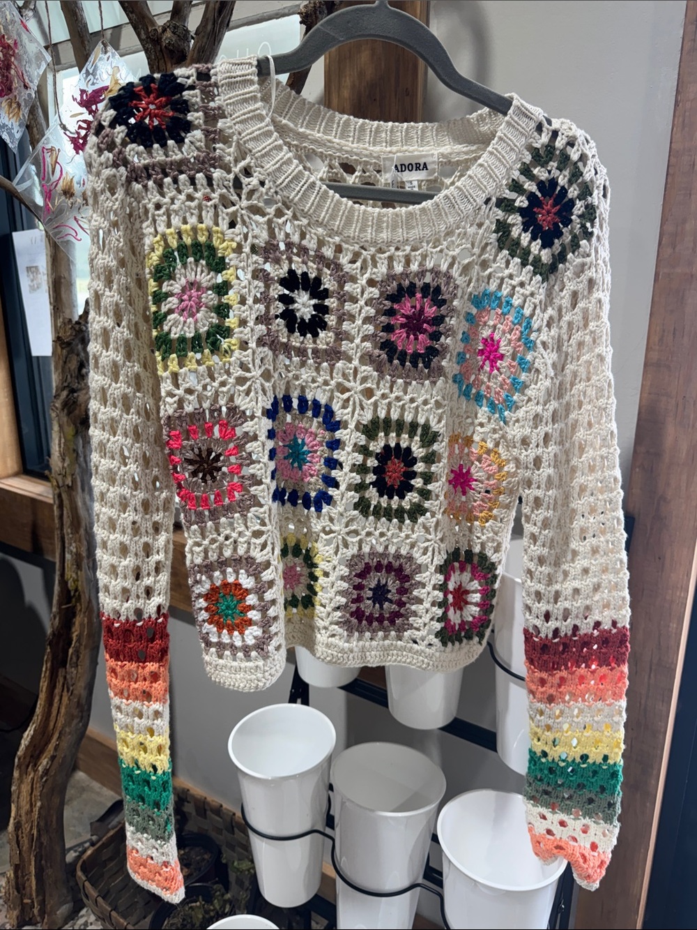 ADORA Cream Crochet Sweater with Multicolor Granny Squares